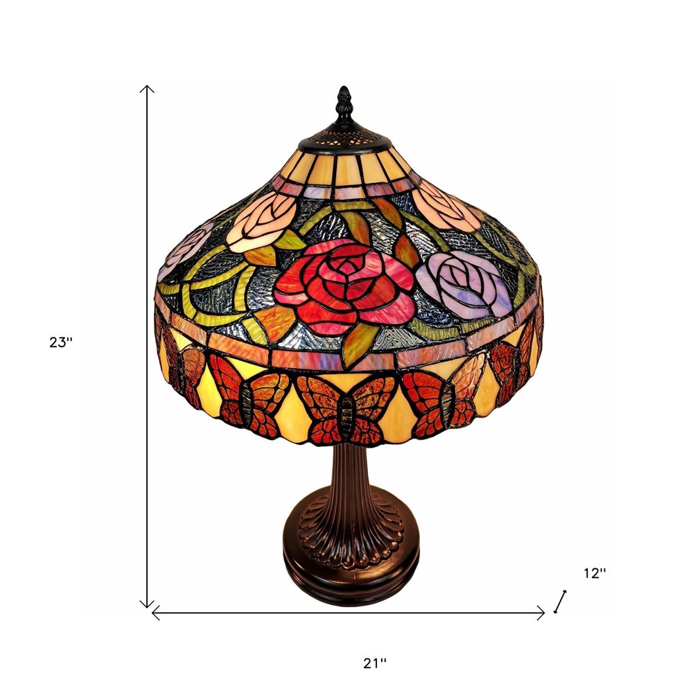 23" Dark Brown Metal Two Light Candlestick Table Lamp With Red and Black Shade — view 10