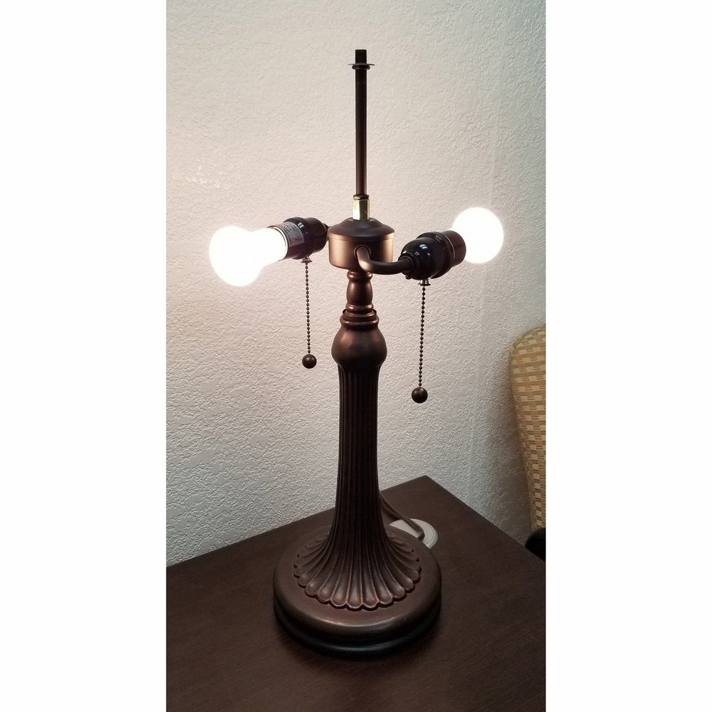 23" Dark Brown Metal Two Light Candlestick Table Lamp With Red and Black Shade — view 3