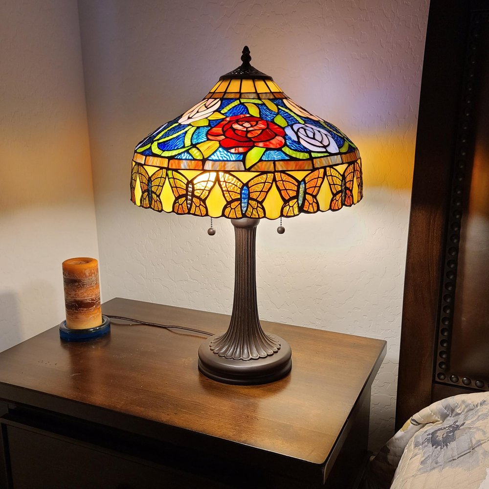 23" Dark Brown Metal Two Light Candlestick Table Lamp With Red and Black Shade — view 6