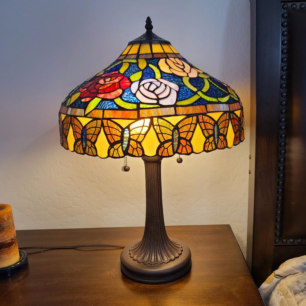 23" Dark Brown Metal Two Light Candlestick Table Lamp With Red and Black Shade — view 7