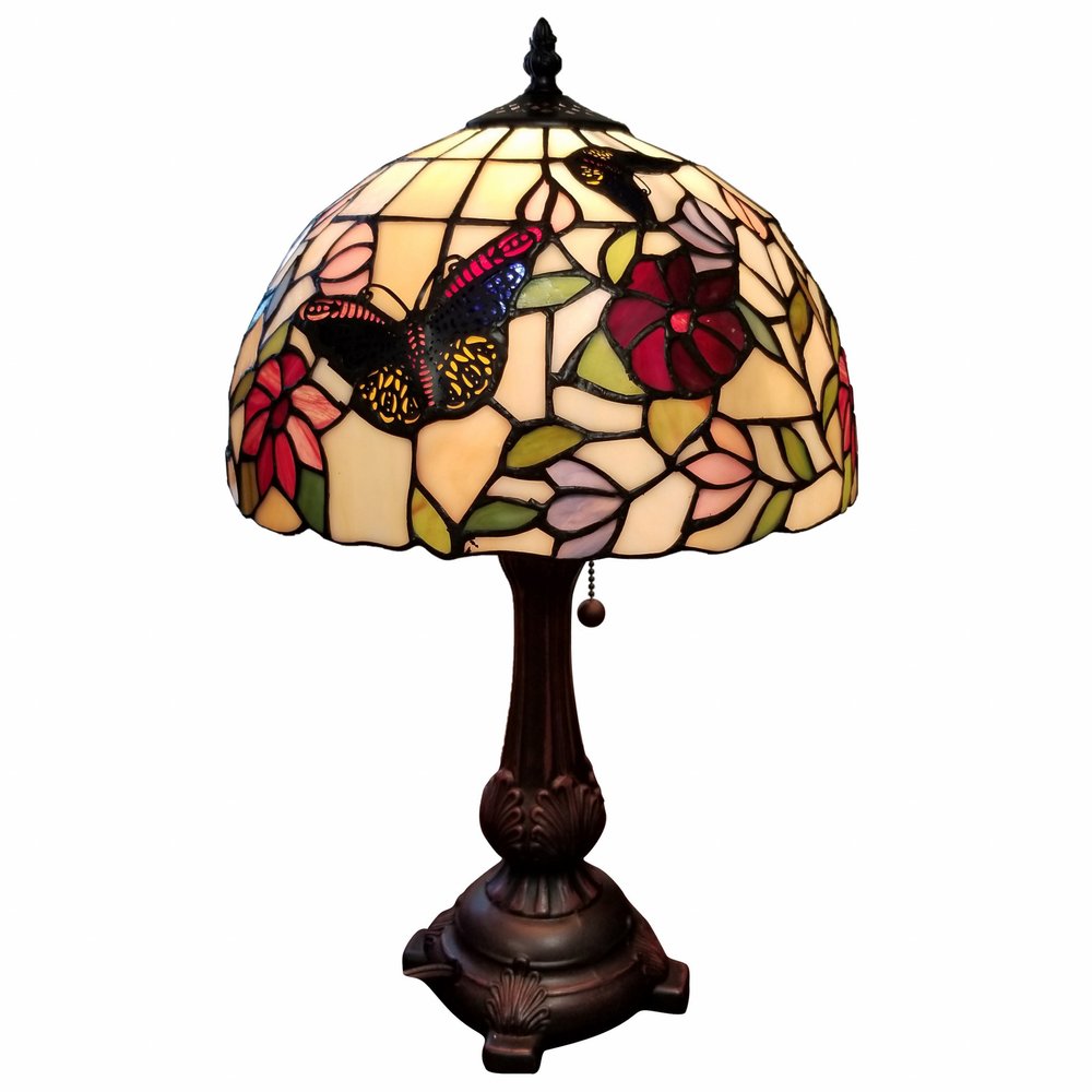 19" Dark Brown Metal Candlestick Table Lamp With Red and Black Dome Shade — view 1