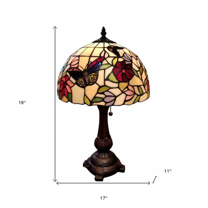 19" Dark Brown Metal Candlestick Table Lamp With Red and Black Dome Shade HomeRoots