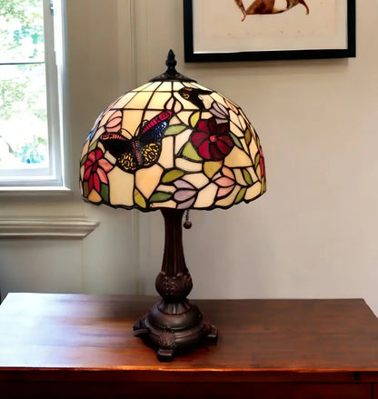 19" Dark Brown Metal Candlestick Table Lamp With Red and Black Dome Shade HomeRoots