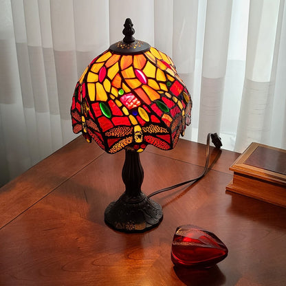 15" Dark Brown Metal Candlestick Table Lamp With Red and Black Novelty Shade HomeRoots