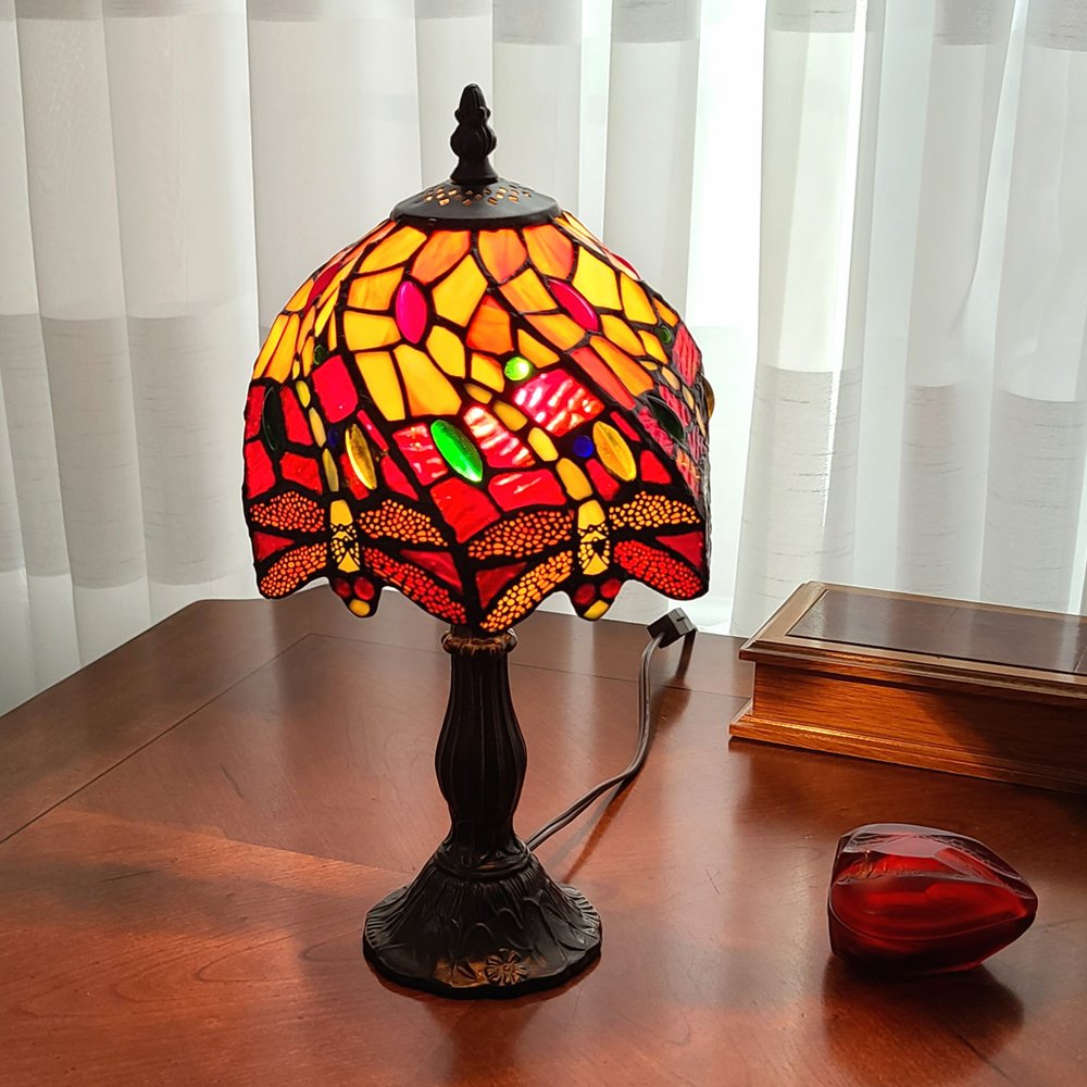 15" Dark Brown Metal Candlestick Table Lamp With Red and Black Novelty Shade HomeRoots
