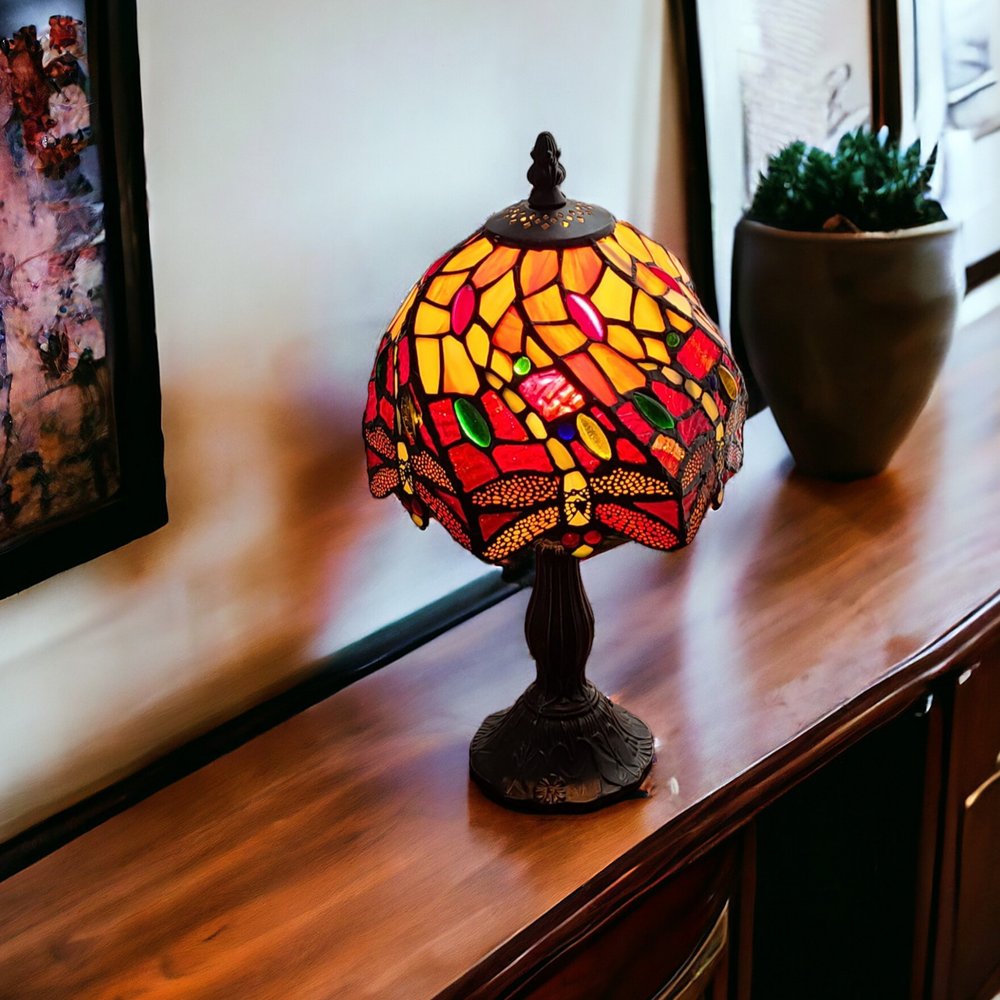 15" Dark Brown Metal Candlestick Table Lamp With Red and Black Novelty Shade HomeRoots