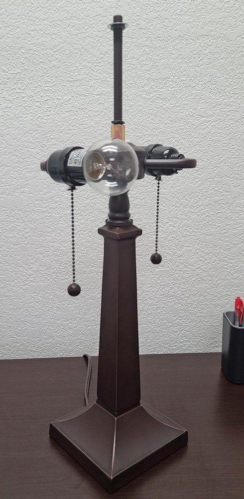 21" Dark Brown Metal Two Light Candlestick Table Lamp With Beige Shade HomeRoots