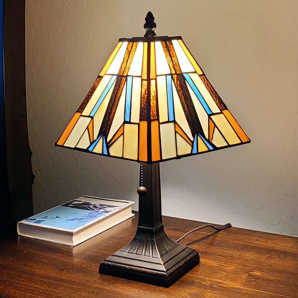 15" Dark Brown Metal Candlestick Table Lamp With Orange and Ivory Empire Shade HomeRoots