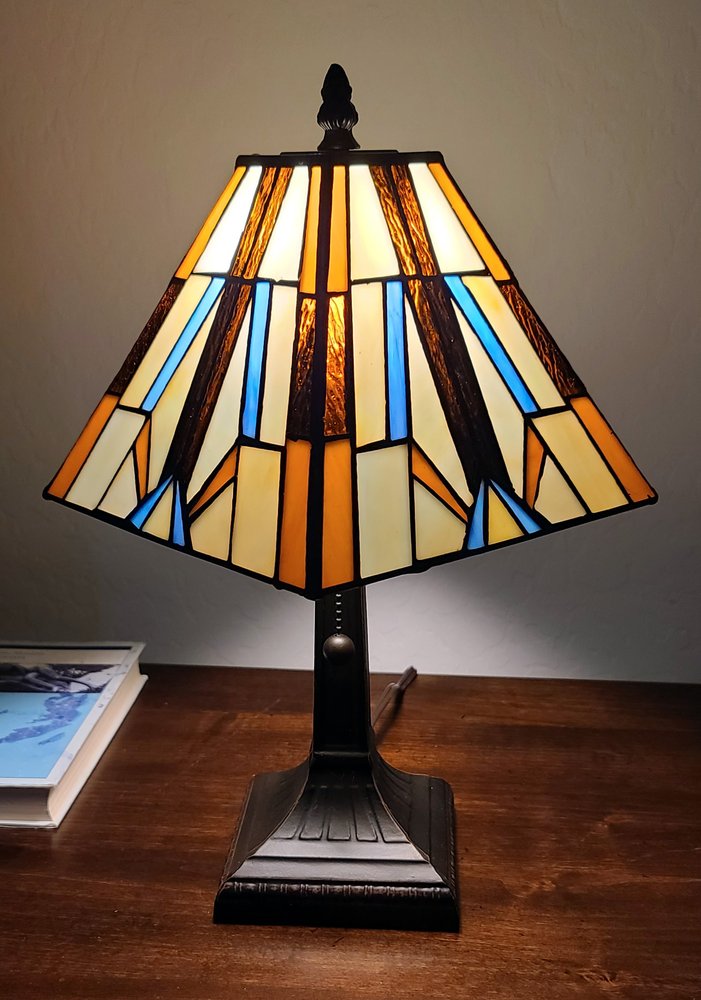 15" Dark Brown Metal Candlestick Table Lamp With Orange and Ivory Empire Shade — view 3