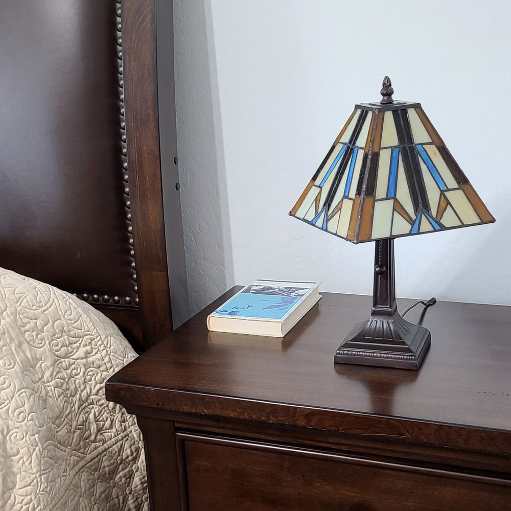 15" Dark Brown Metal Candlestick Table Lamp With Orange and Ivory Empire Shade — view 4