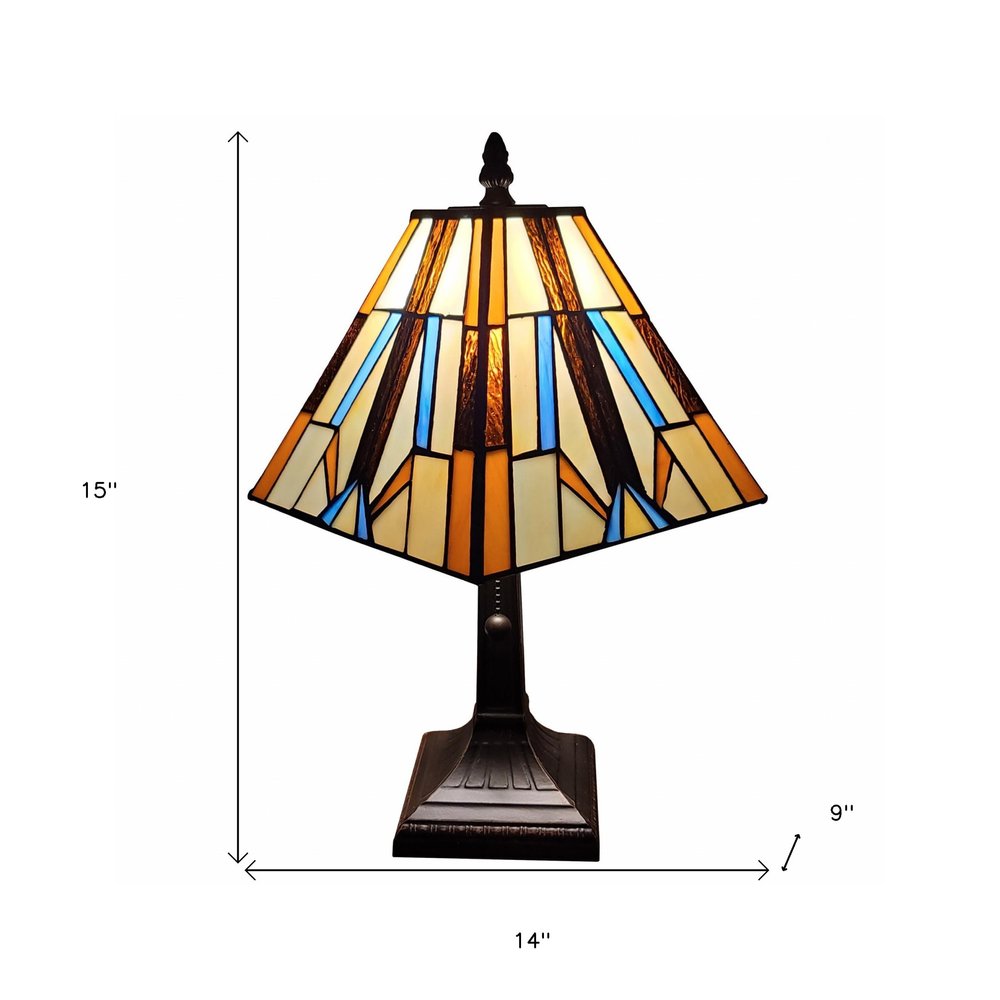 15" Dark Brown Metal Candlestick Table Lamp With Orange and Ivory Empire Shade — view 5