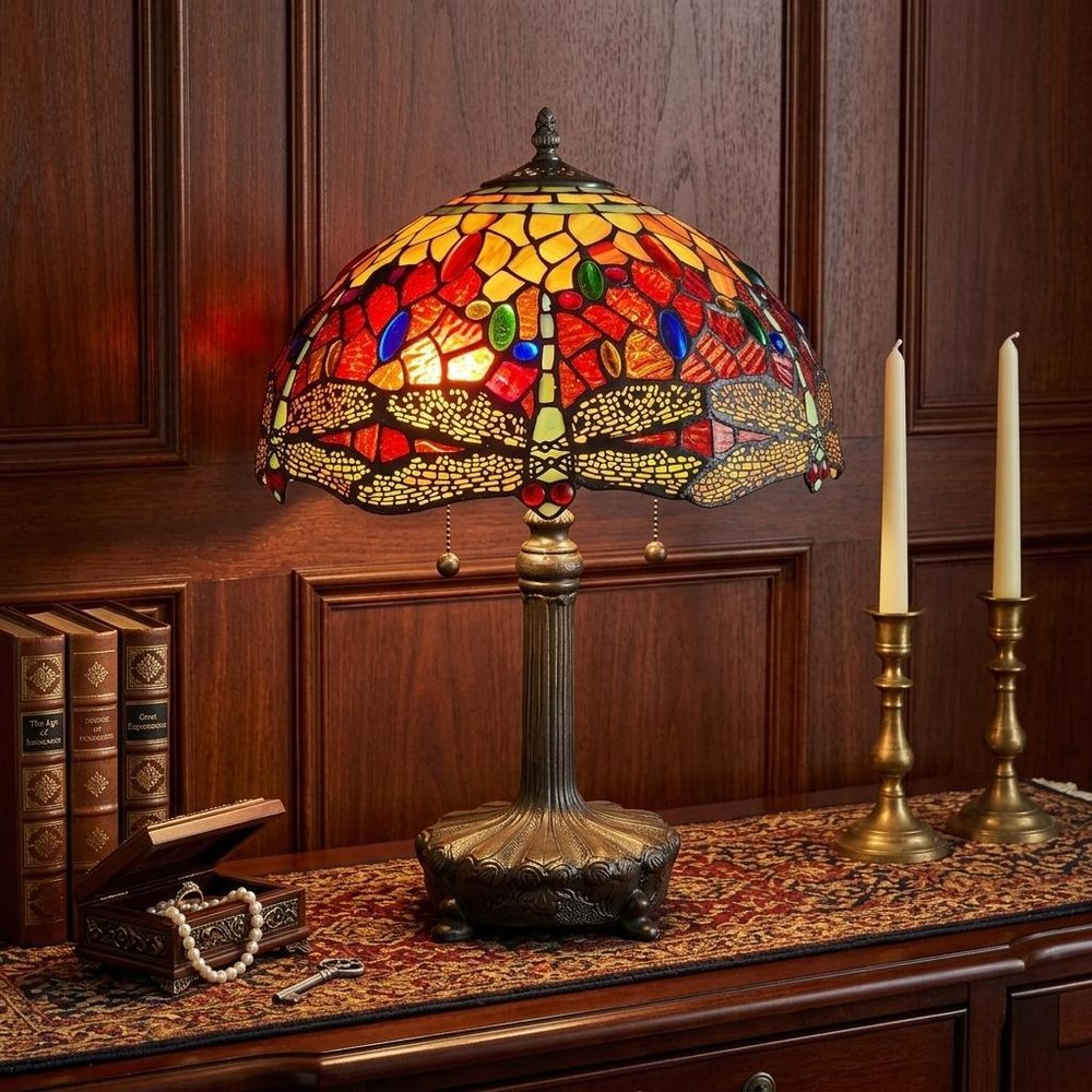 22" Dark Brown Metal Two Light Candlestick Table Lamp With Red and Black Shade HomeRoots