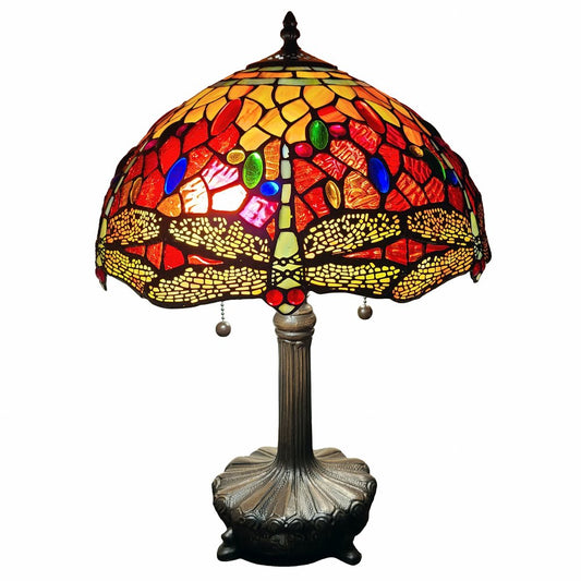 22" Dark Brown Metal Two Light Candlestick Table Lamp With Red and Black Shade HomeRoots