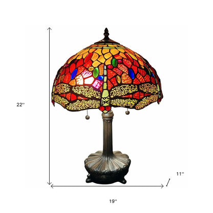 22" Dark Brown Metal Two Light Candlestick Table Lamp With Red and Black Shade HomeRoots