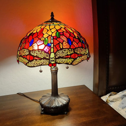 22" Dark Brown Metal Two Light Candlestick Table Lamp With Red and Black Shade HomeRoots