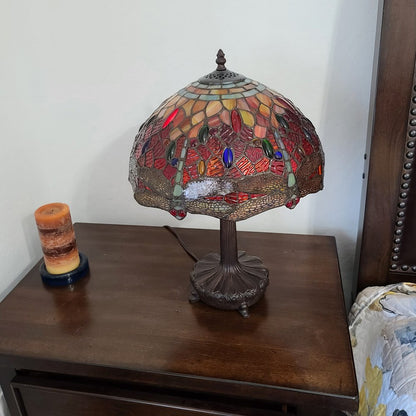 22" Dark Brown Metal Two Light Candlestick Table Lamp With Red and Black Shade HomeRoots