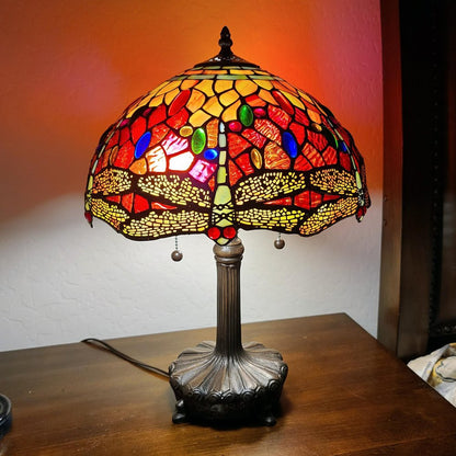 22" Dark Brown Metal Two Light Candlestick Table Lamp With Red and Black Shade HomeRoots