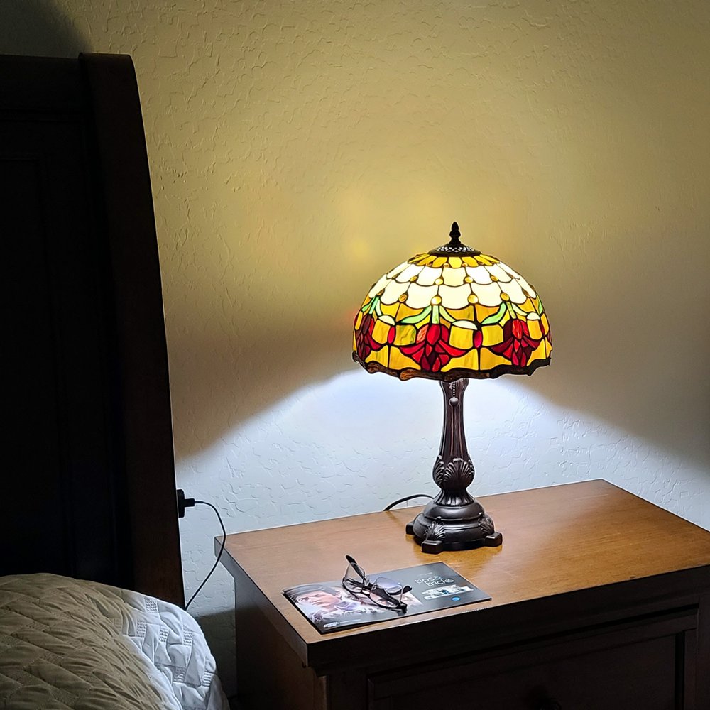 19" Dark Brown Metal Candlestick Table Lamp With Orange Dome Shade — view 2