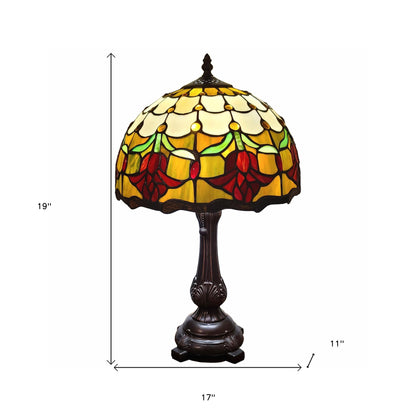 19" Dark Brown Metal Candlestick Table Lamp With Orange Dome Shade