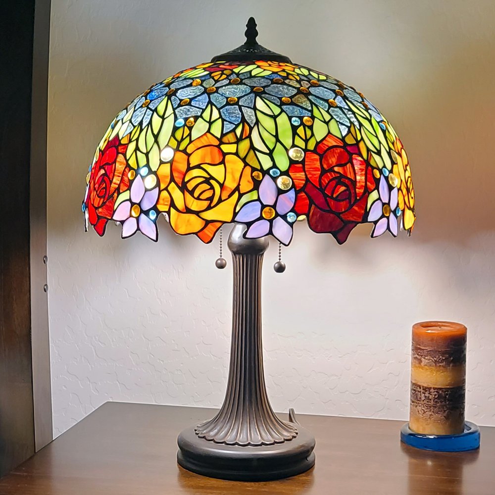 24" Dark Brown Metal Two Light Candlestick Table Lamp With Orange Shade — view 2