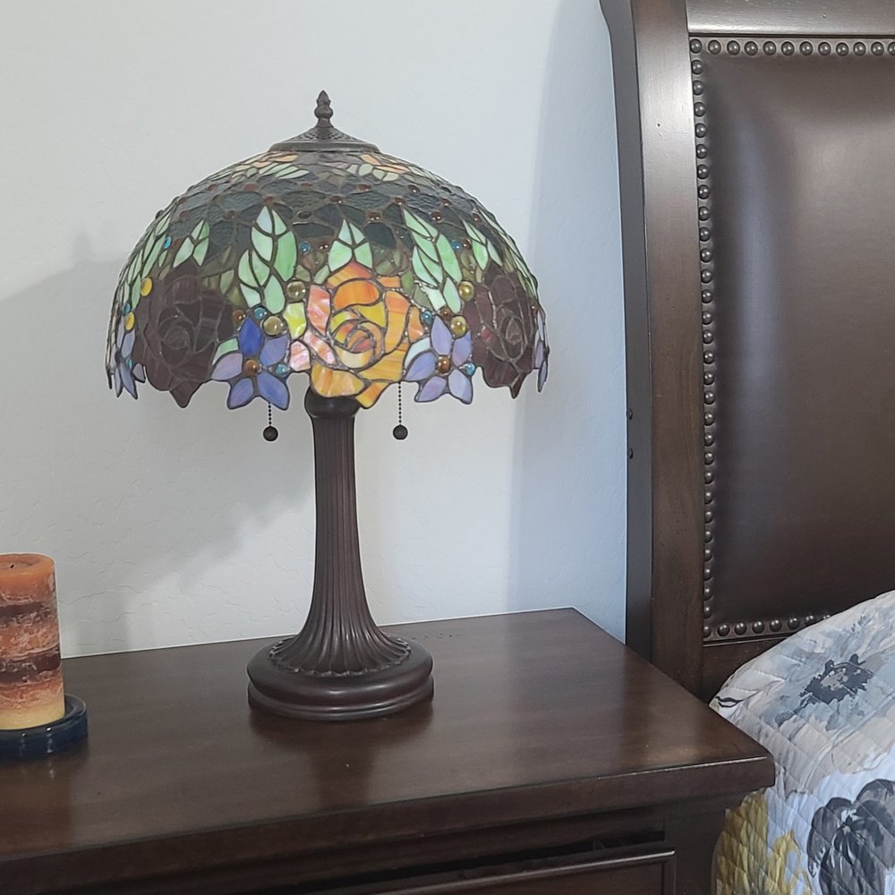 24" Dark Brown Metal Two Light Candlestick Table Lamp With Orange Shade — view 3