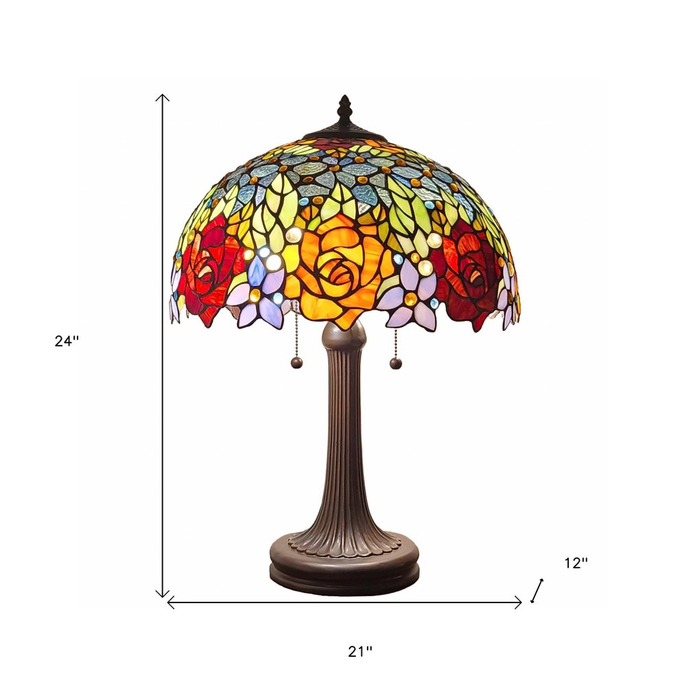 24" Dark Brown Metal Two Light Candlestick Table Lamp With Orange Shade — view 6
