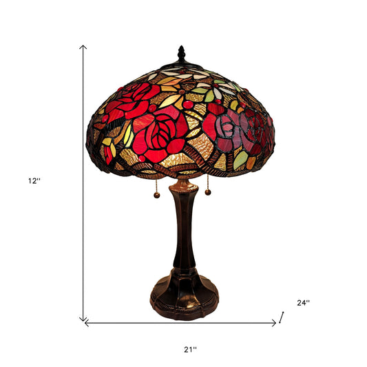 24" Stained Glass Two Light Jeweled Roses Accent Table Lamp