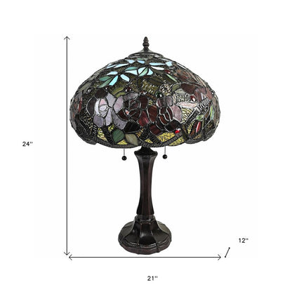 24" Dark Brown Metal Two Light Candlestick Table Lamp With Red Dome Shade HomeRoots