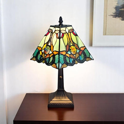15" Dark Brown Metal Candlestick Table Lamp With Green and Black Shade HomeRoots