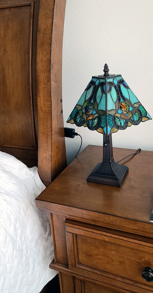 15" Dark Brown Metal Candlestick Table Lamp With Green and Black Shade HomeRoots