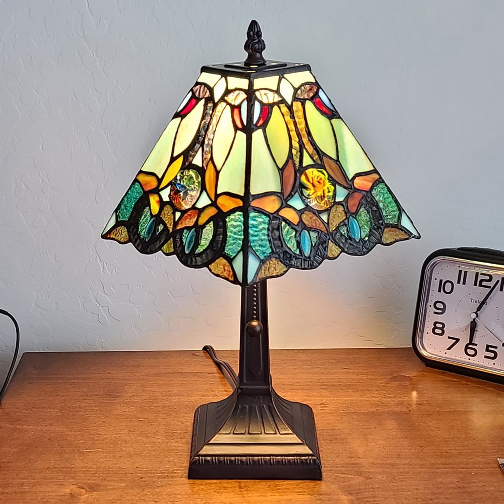 15" Dark Brown Metal Candlestick Table Lamp With Green and Black Shade HomeRoots