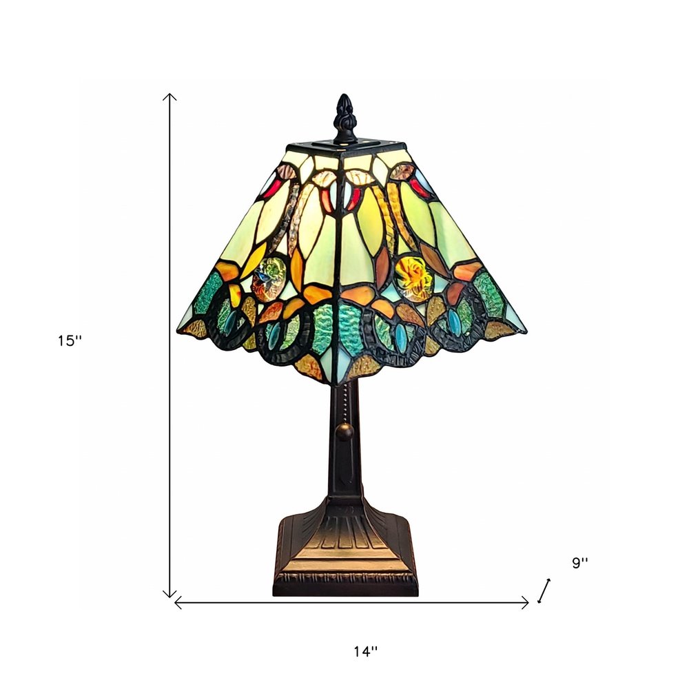 15" Dark Brown Metal Candlestick Table Lamp With Green and Black Shade HomeRoots
