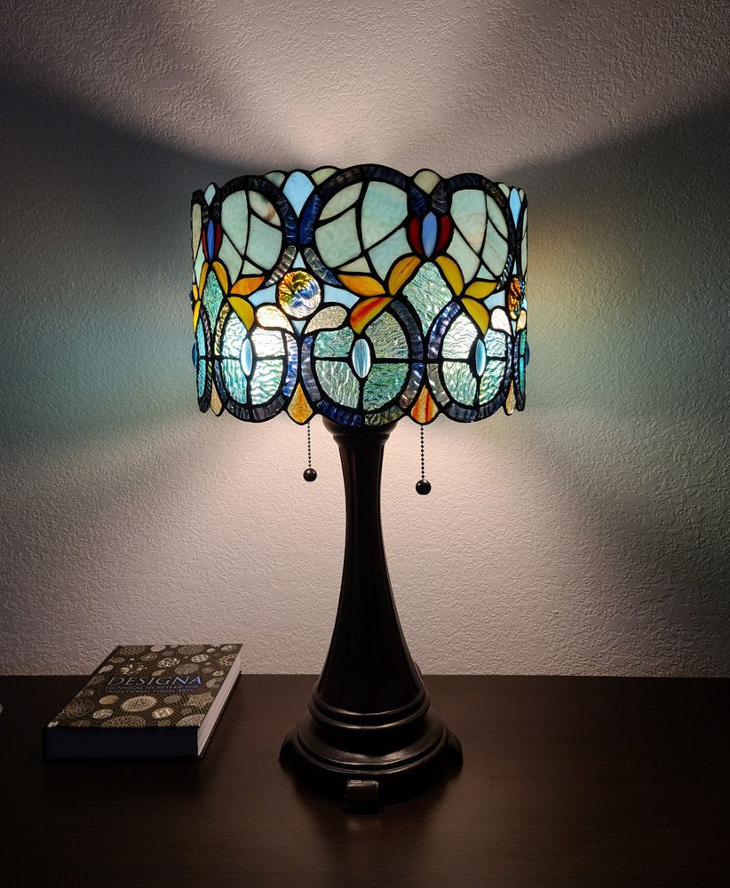 22" Dark Brown Metal Two Light Candlestick Table Lamp With Green Shade — view 2