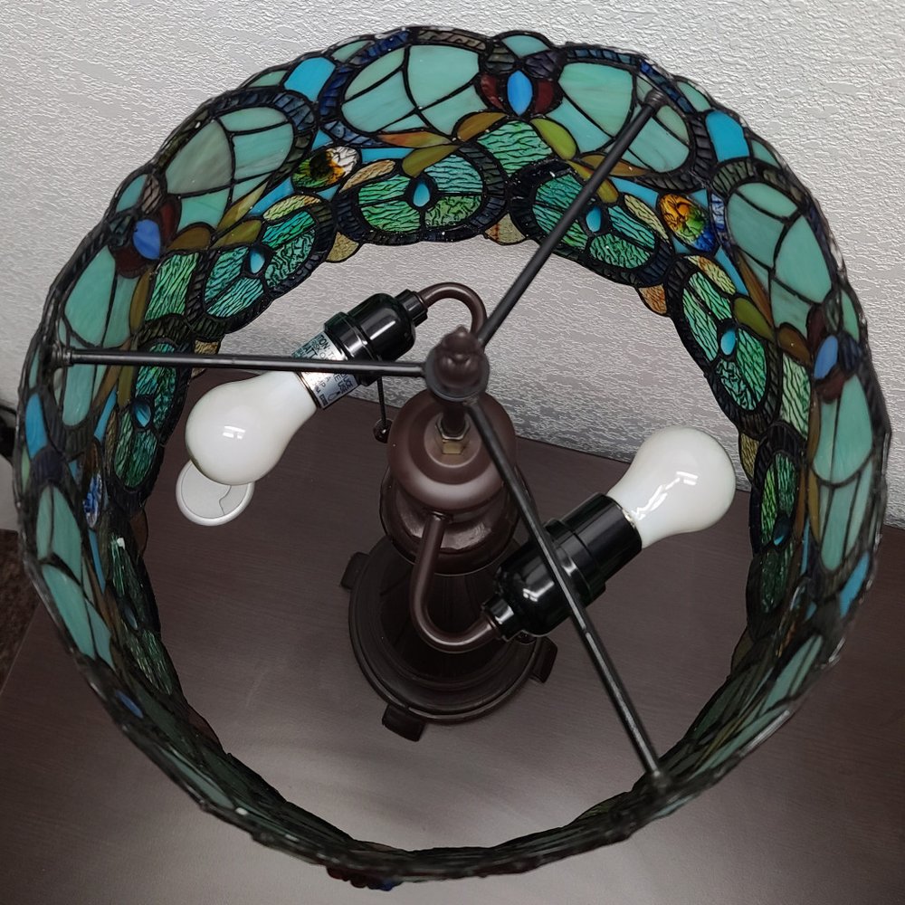 22" Dark Brown Metal Two Light Candlestick Table Lamp With Green Shade — view 3
