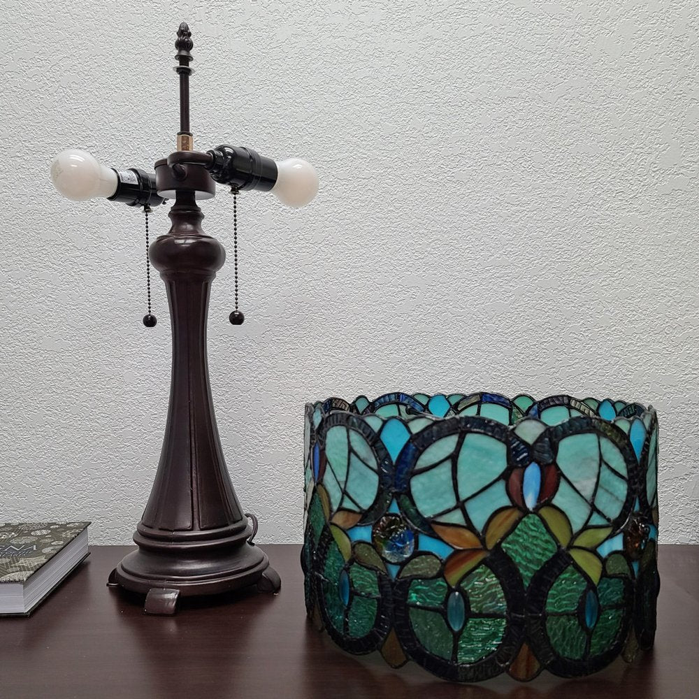 22" Dark Brown Metal Two Light Candlestick Table Lamp With Green Shade — view 4
