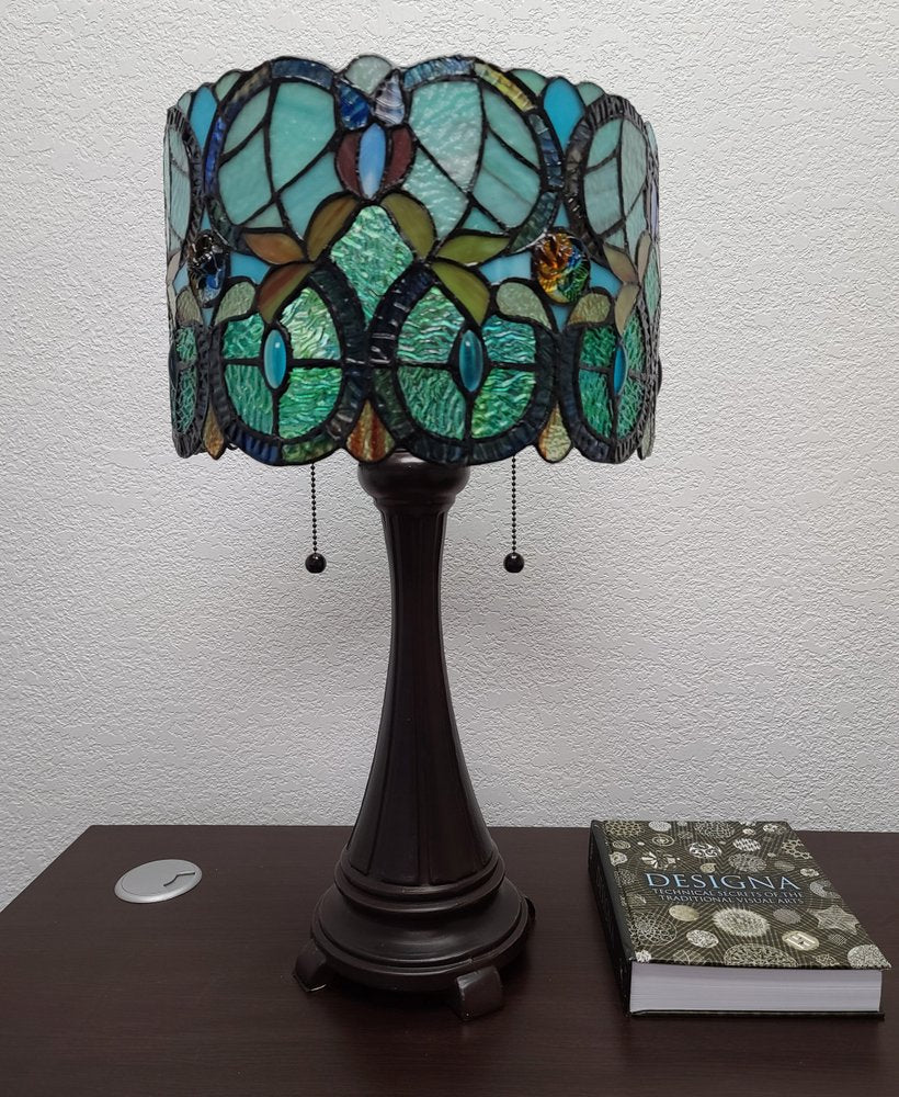 22" Dark Brown Metal Two Light Candlestick Table Lamp With Green Shade — view 5