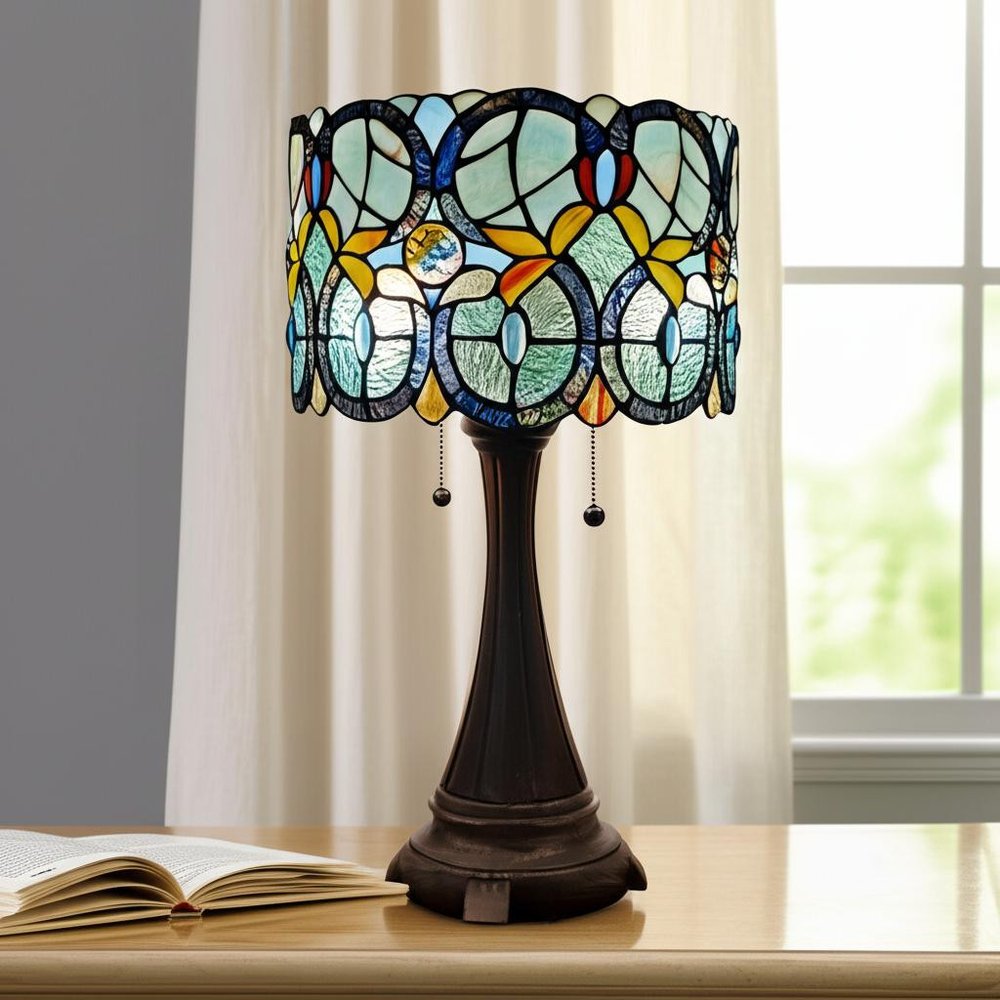 22" Dark Brown Metal Two Light Candlestick Table Lamp With Green Shade — view 9