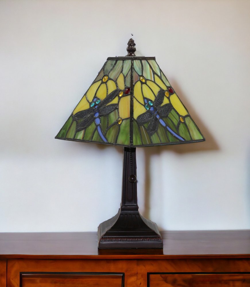 15" Dark Brown Metal Candlestick Table Lamp With Green Empire Shade HomeRoots