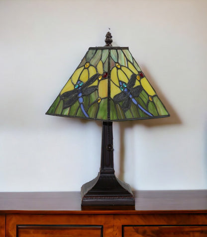 15" Dark Brown Metal Candlestick Table Lamp With Green Empire Shade HomeRoots