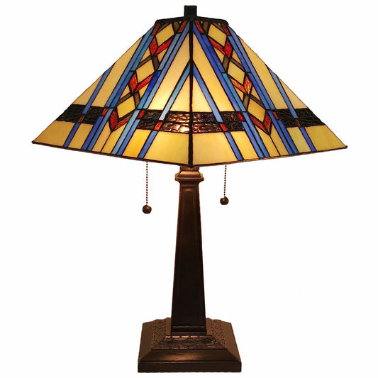 22" Dark Brown Metal Two Light Candlestick Table Lamp With Blue Empire Shade HomeRoots