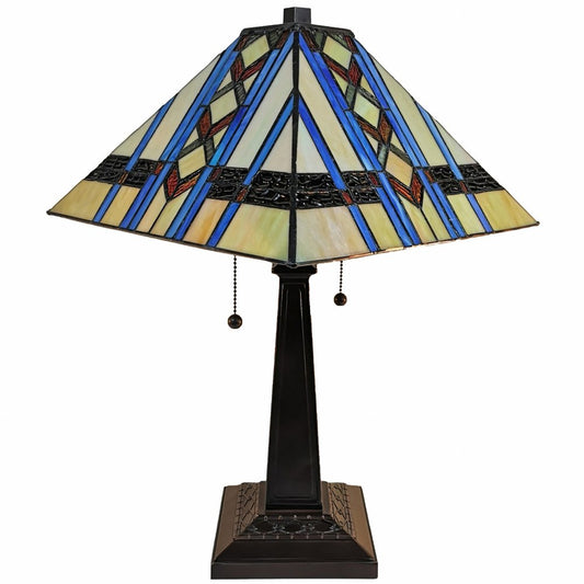 22" Dark Brown Metal Two Light Candlestick Table Lamp With Blue Empire Shade HomeRoots