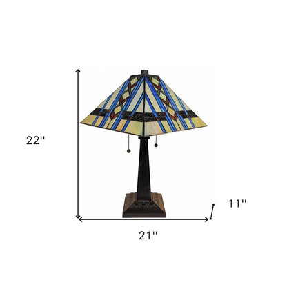 22" Dark Brown Metal Two Light Candlestick Table Lamp With Blue Empire Shade HomeRoots