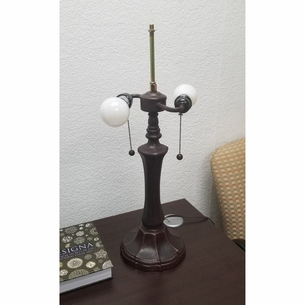 23" Dark Brown Metal Two Light Candlestick Table Lamp With White Shade HomeRoots