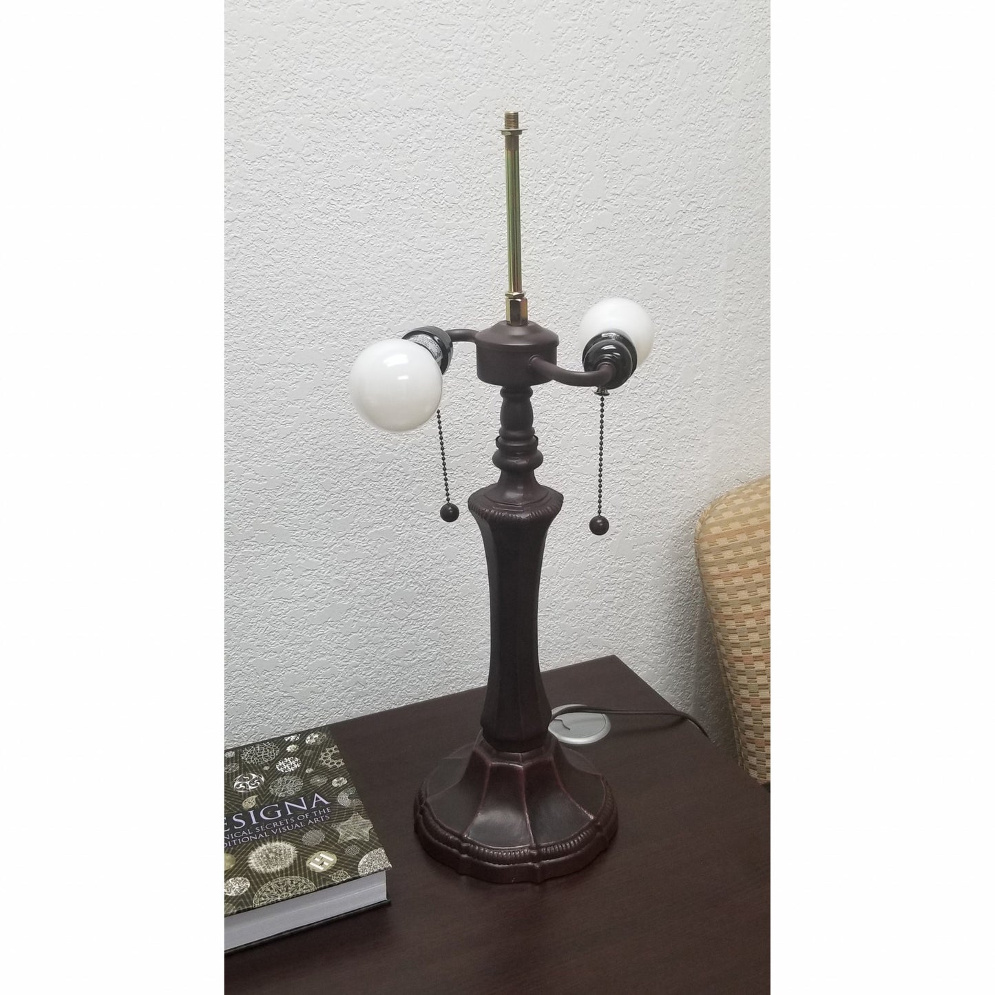 23" Dark Brown Metal Two Light Candlestick Table Lamp With White Shade