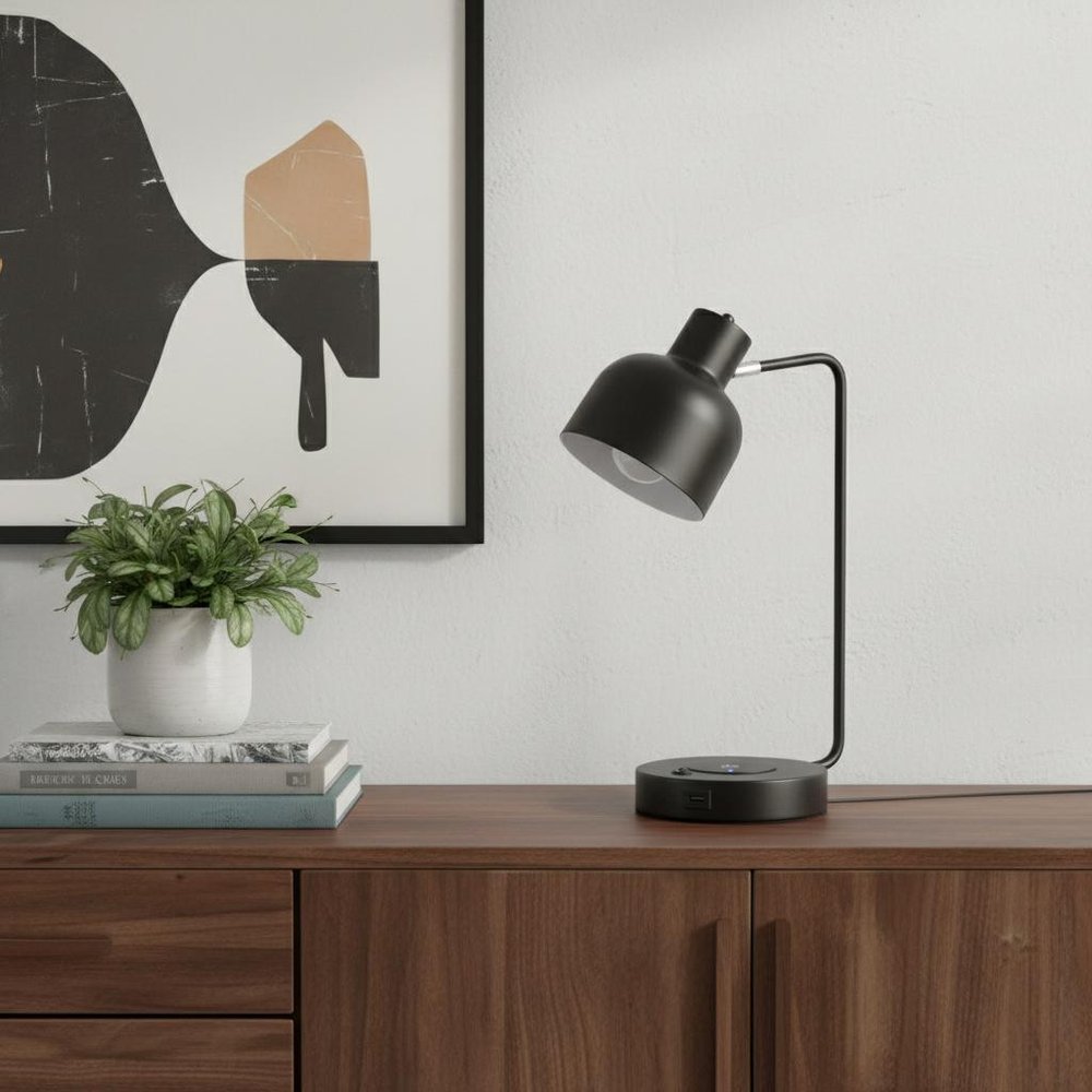 15" Black Metal Desk USB Table Lamp With Black Shade HomeRoots