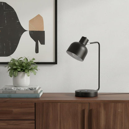 15" Black Metal Desk USB Table Lamp With Black Shade HomeRoots