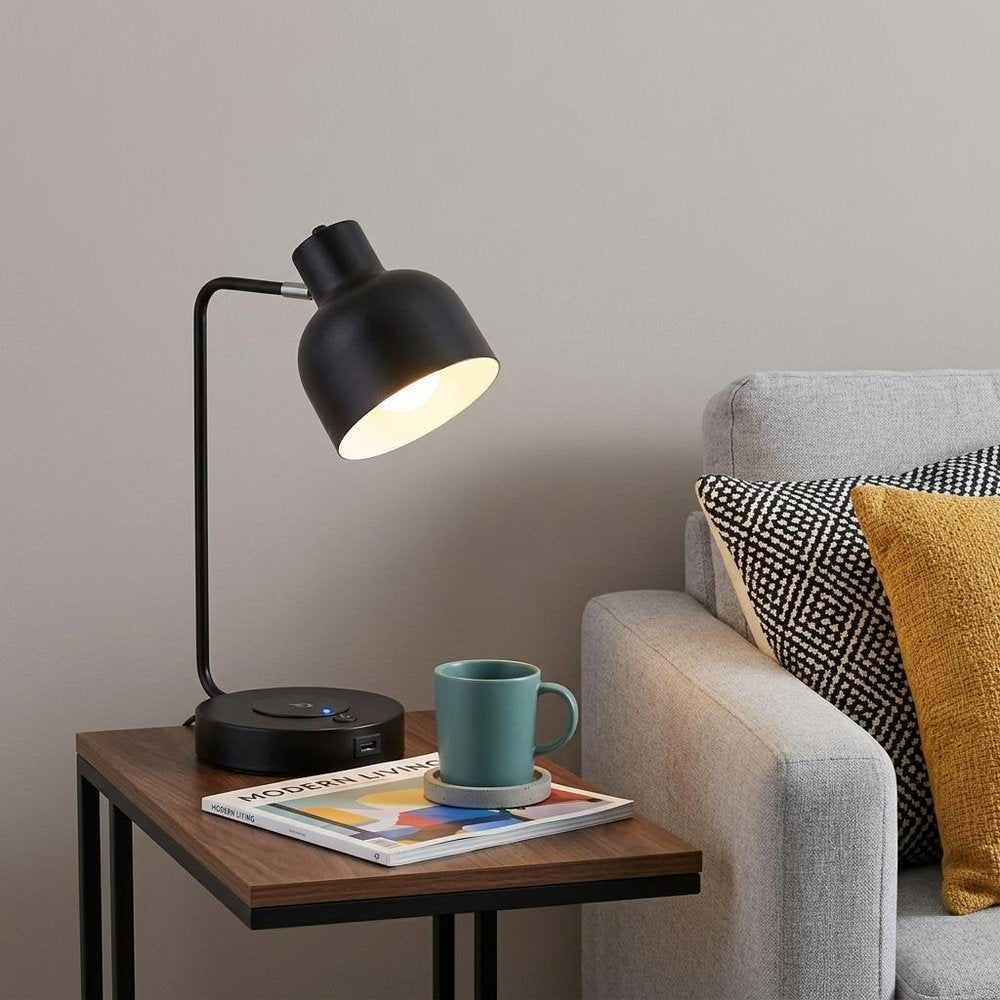 15" Black Metal Desk USB Table Lamp With Black Shade HomeRoots