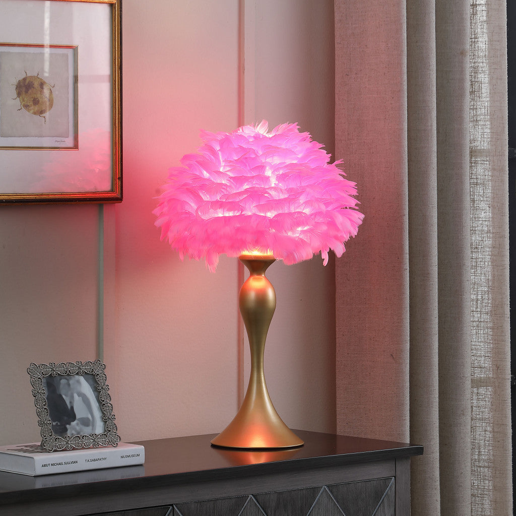 24" Glam Hot Pink Feather and Gold Table Lamp