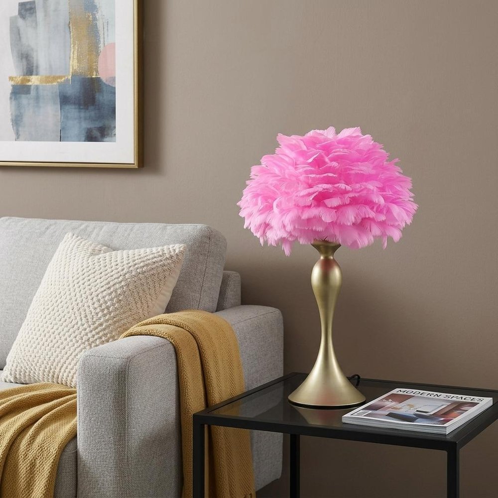 24" Glam Hot Pink Feather and Gold Table Lamp HomeRoots