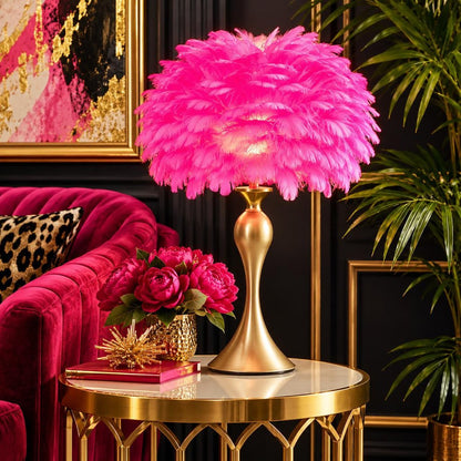 24" Glam Hot Pink Feather and Gold Table Lamp